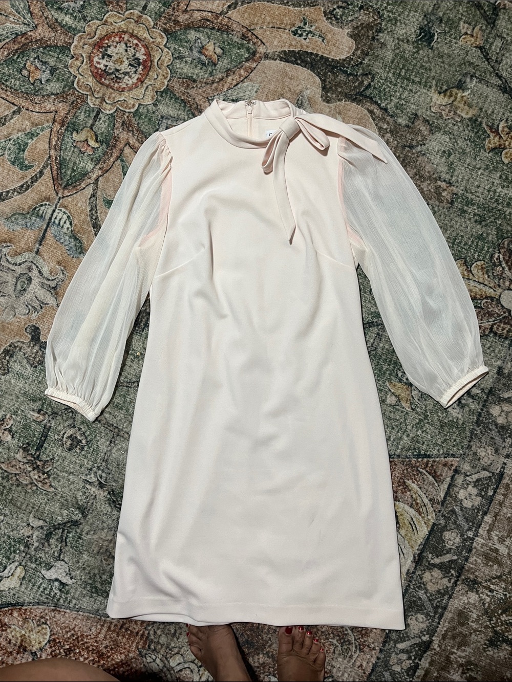 Calvin Klein Pale Pink Bow-Neck Dress Sheer Sleeves Size 4